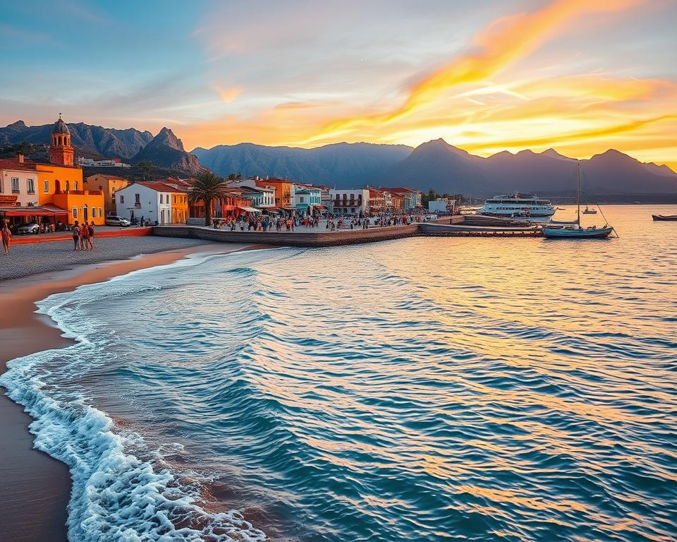 A vibrant scene depicting Gran Tarajal in Fuerteventura, showcasing the picturesque coastline at sunset. In the foreground, gentle waves lap against a sandy beach lined with colorful fishing boats. To the left, a small, charming harbor with traditional buildings painted in warm Mediterranean hues. In the middle ground, a lively promenade bustling with locals and tourists dressed in casual summer attire, enjoying the serene atmosphere. The background features rugged volcanic mountains, softened by the warm glow of the setting sun. The sky is a canvas of oranges, pinks, and purples, reflecting on the water. Capture the overall mood of tranquility and the vibrant life of this serene coastal town, focusing on the natural beauty and cultural elements of Gran Tarajal. Use soft lighting and a slight panoramic angle to enhance the scenic view.