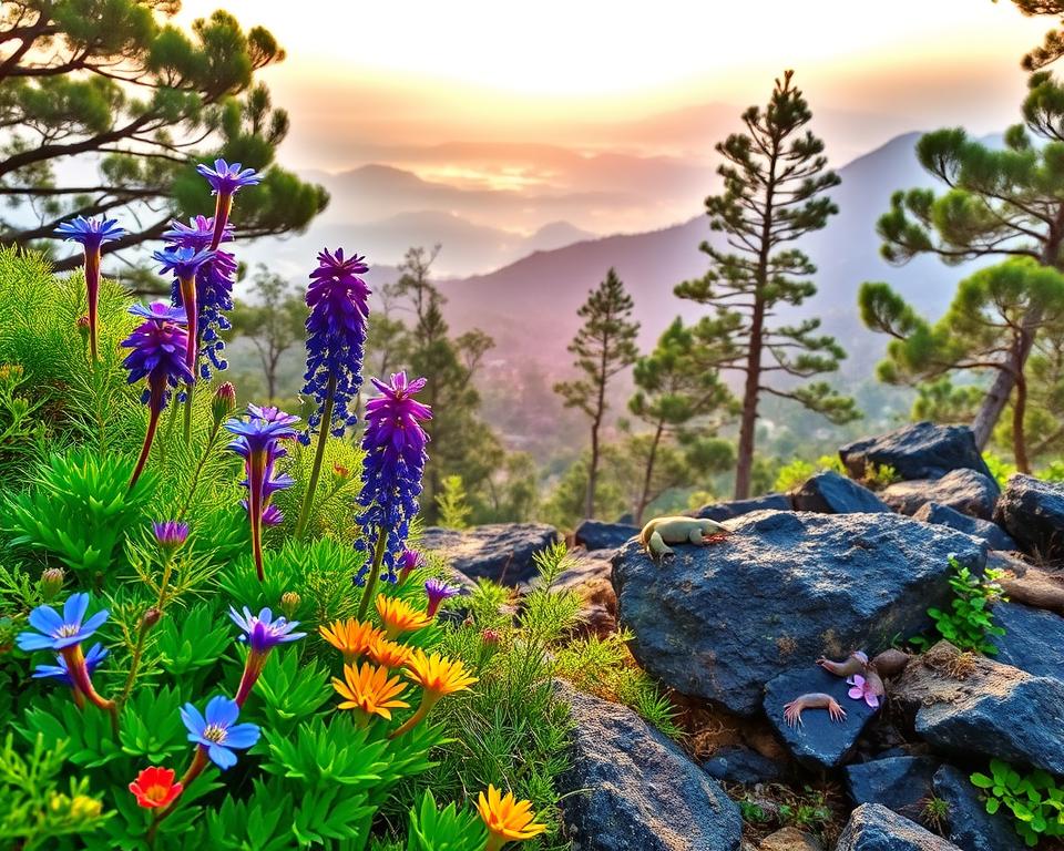 A vibrant scene depicting the rich flora and fauna of the Anaga Mountains in Tenerife. In the foreground, showcase colorful flowering plants typical of the region, such as the striking blue and purple hues of the Tajinaste flowers. Include lush green ferns and the iconic Canary Island pine trees. In the middle ground, depict small, native birds like the Blue Chaffinch being observed, along with playful lizards basking on rocks. The background reveals a misty landscape of rolling hills fading into the distance, with the sun setting, casting a warm golden glow through the trees. Use a soft focus lens to create an inviting and serene atmosphere, enhancing the natural beauty and tranquility of this unique ecosystem.