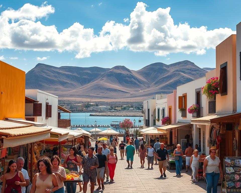 A vibrant scene of Gran Tarajal, Fuerteventura, showcasing its unique culture and attractions. In the foreground, a charming local market bustling with people dressed in modest casual clothing, featuring colorful stalls selling fresh produce and handmade crafts. In the middle ground, the picturesque waterfront displays traditional Canarian architecture, with white-washed buildings adorned with vibrant flowers. The background features the rugged, volcanic landscape typical of Fuerteventura, under a bright blue sky with fluffy white clouds. The warm golden sunlight casts a soft glow on the scene, creating a joyful and inviting atmosphere. Captured from a slightly elevated angle, giving an overview that celebrates the essence of island life.