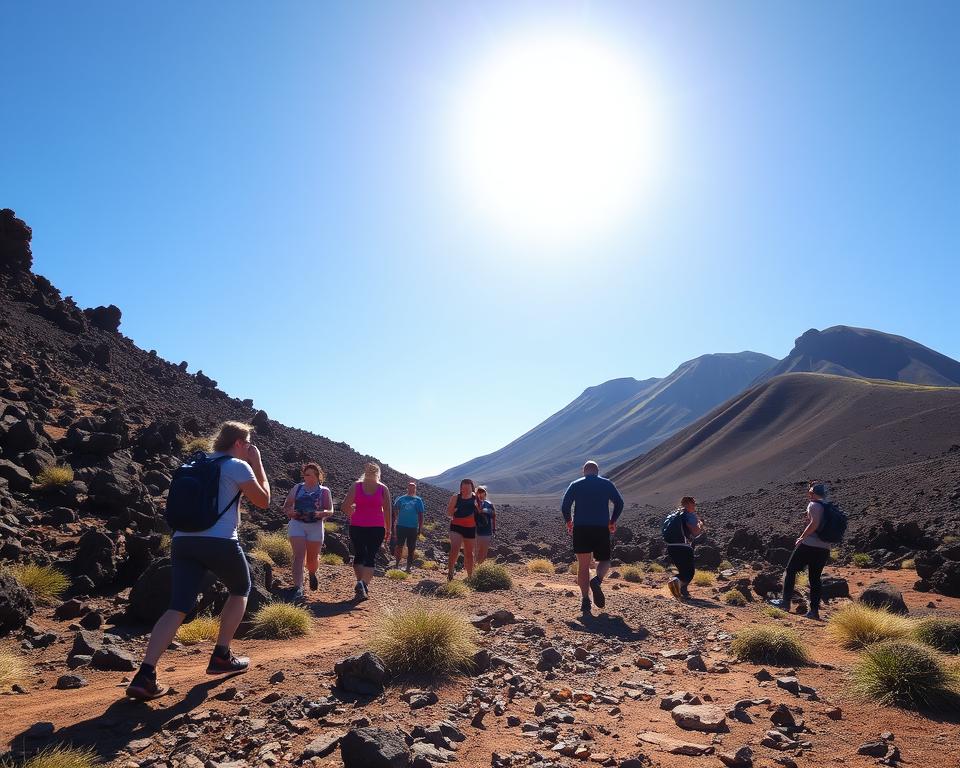 A vibrant scene of Lanzarote showcasing its unique volcanic landscapes during an active holiday. In the foreground, diverse individuals dressed in casual athletic wear are hiking up a rugged trail, surrounded by distinct rock formations and sparse greenery. The mid-ground features a clear blue sky with bright sunlight casting warm rays, highlighting the dry texture of the land. In the background, the volcanic mountains rise majestically, with patches of green contrasting against the dark earth. The atmosphere feels energetic and inviting, emphasizing the ideal conditions for outdoor activities. The sunlight creates dynamic shadows, and the overall mood reflects an exhilarating yet serene adventure set on one of the warmest Canary Islands.