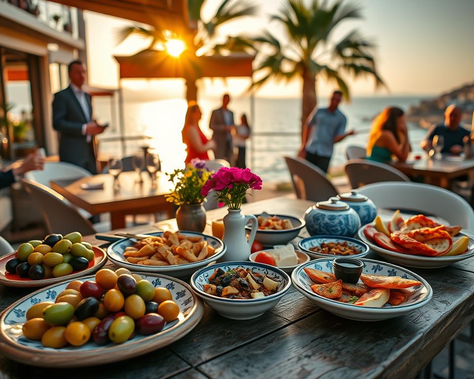 A vibrant tapas table set in an outdoor Gran Tarajal restaurant during golden hour. In the foreground, an array of colorful tapas plates showcasing olives, marinated seafood, and locally sourced cheeses. A rustic wooden table adorned with traditional ceramic dishes and a small vase of vibrant flowers. In the middle ground, waitstaff dressed in smart casual clothing engaging with cheerful diners, highlighting a friendly atmosphere. The background features the Mediterranean Sea glistening under the warm sun, with palm trees swaying gently in the breeze. Soft, natural lighting enhances the inviting mood, capturing the essence of Gran Tarajal's culinary scene. The composition is framed with a slightly elevated angle to showcase both the food and the lively restaurant environment, evoking a sense of indulgence and community.