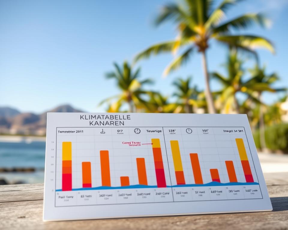 A visually informative climate chart titled "Klimatabelle Kanaren" illustrating temperature variations across the Canary Islands, crafted with clarity and precision. In the foreground, a detailed, colorful infographic displays average temperature readings for each island, utilizing vibrant colors to denote warm and cool temperatures. The middle ground features elegant icons representing each island, enhancing recognition. The background showcases a serene landscape of the Canary Islands with palm trees and a clear blue sky, suggesting a warm, inviting atmosphere. Soft natural lighting bathes the entire scene, creating a warm glow. The perspective is slightly angled to give depth and facilitate easy reading of the data.